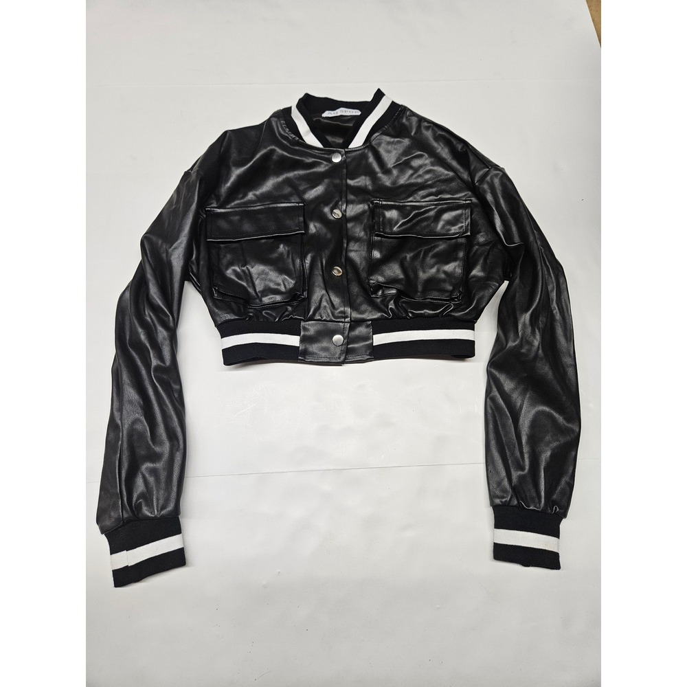 AQ Sport Faux Leather Cropped Bomber Jacket Black White Striped Varsity Medium